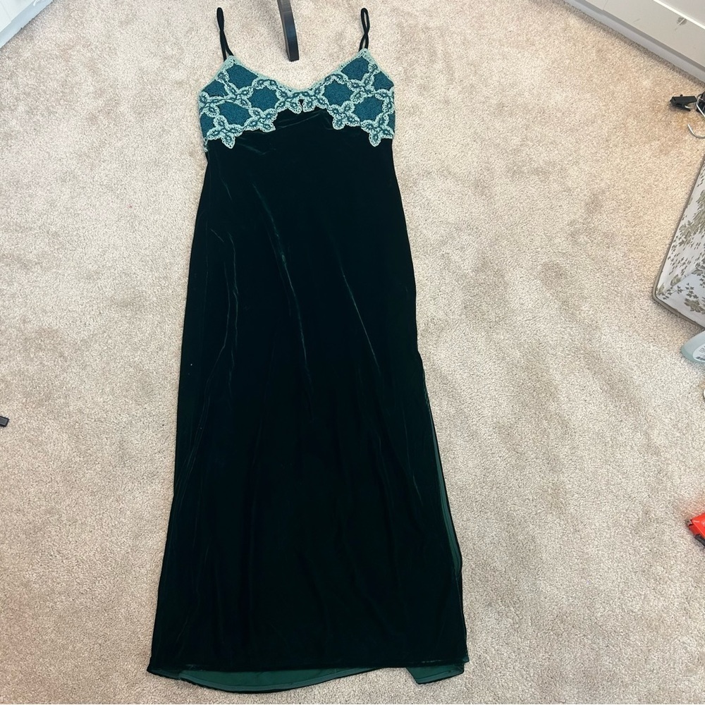 ZARA VELVET & CROCHET MAXI SLIP DRESS DARK GREEN SZ M NWT - Picture 5 of 15